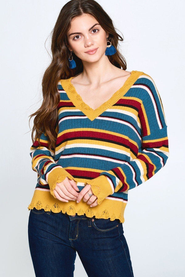Multi - colored Variegated Striped Knit Sweater - Women's sweater - SmartBuyApparel