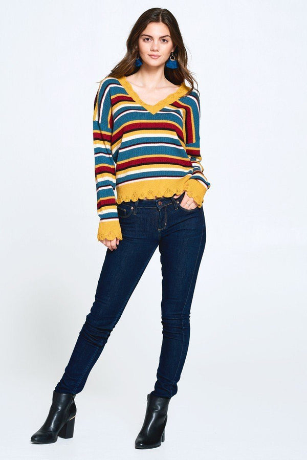 Multi - colored Variegated Striped Knit Sweater - Women's sweater - SmartBuyApparel