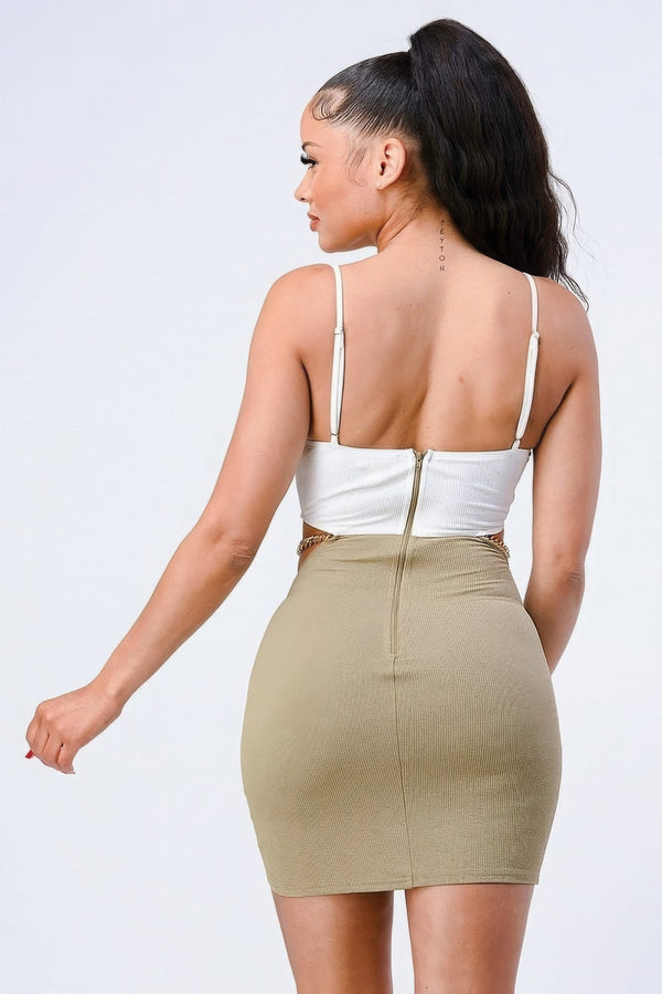 Multi Fabric Bralette Side Cutout With Gold Chain Zipper Closure Back Bodycon Mini Dress - Type: Dress - SmartBuyApparel