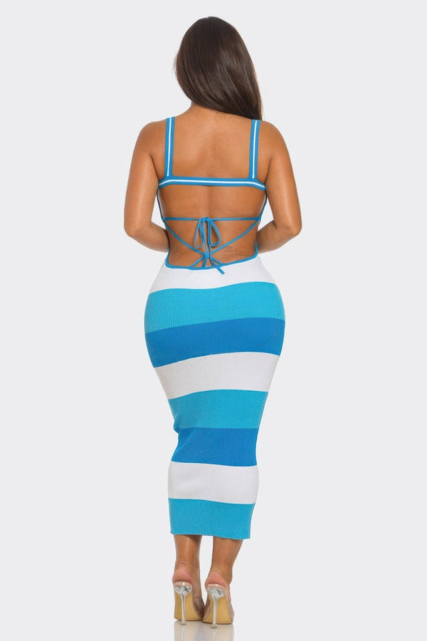 Multi Stripe Stretchy Knit Midi Dress - SmartBuyApparel