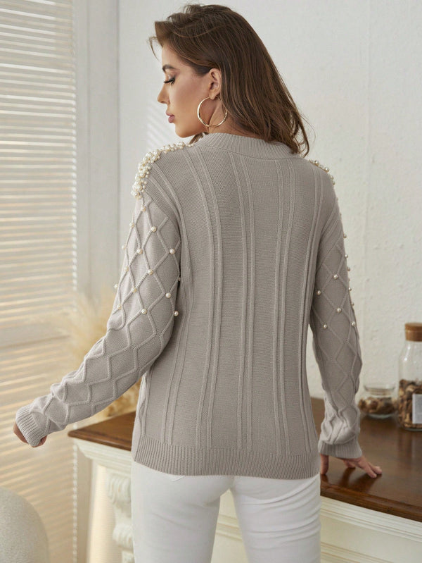 Mulvari Solid Color Sweater With Faux Pearls Decoration - SmartBuyApparel - Women Sweaters