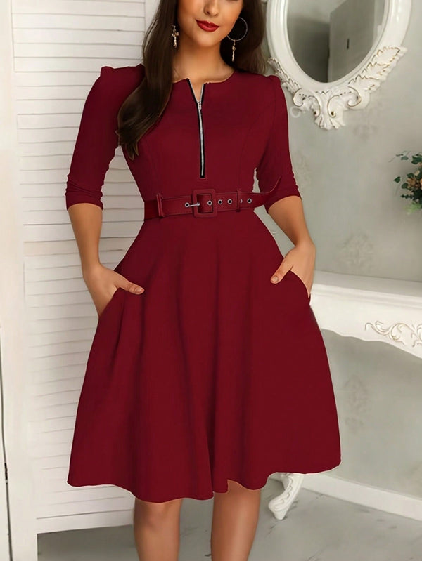 NAZ Half - Sleeve Belted Midi Dress with a Zip - Front Design - SmartBuyApparel - Women Midi Dresses