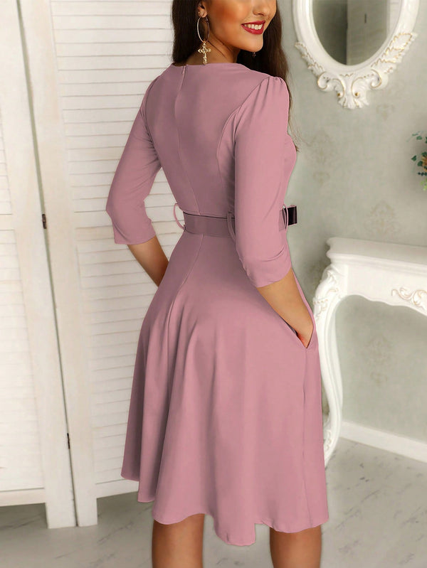 NAZ Half - Sleeve Belted Midi Dress with a Zip - Front Design - SmartBuyApparel - Women Midi Dresses