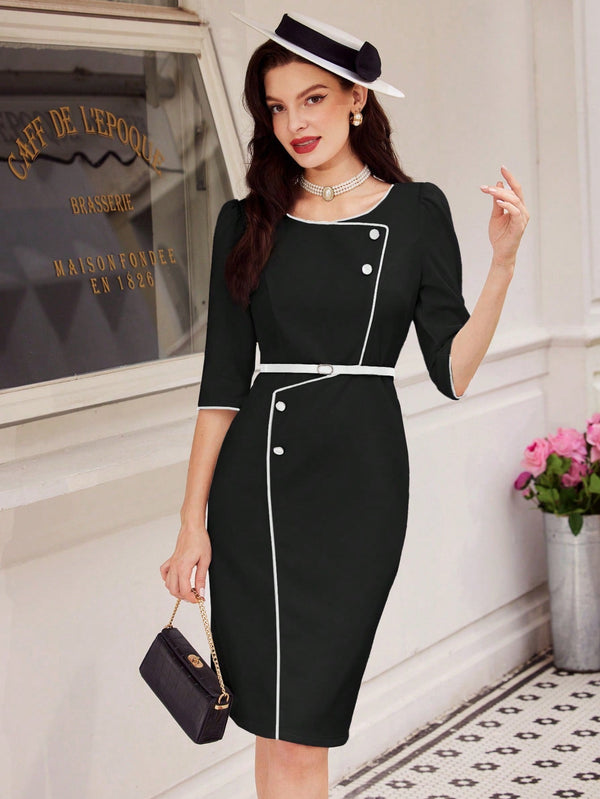 NISHA Elegant Color Block One - Piece Dress - SmartBuyApparel - Women Midi Dresses