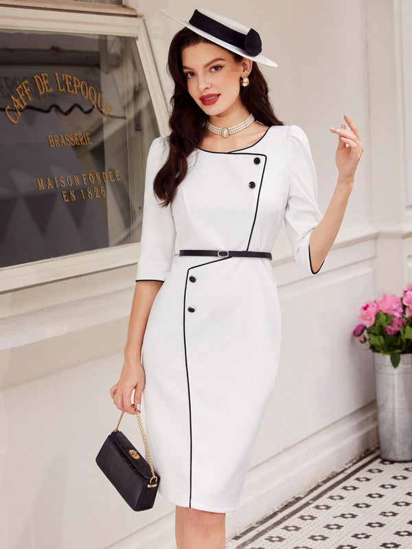 NISHA Elegant Color Block One - Piece Dress - SmartBuyApparel - Women Midi Dresses