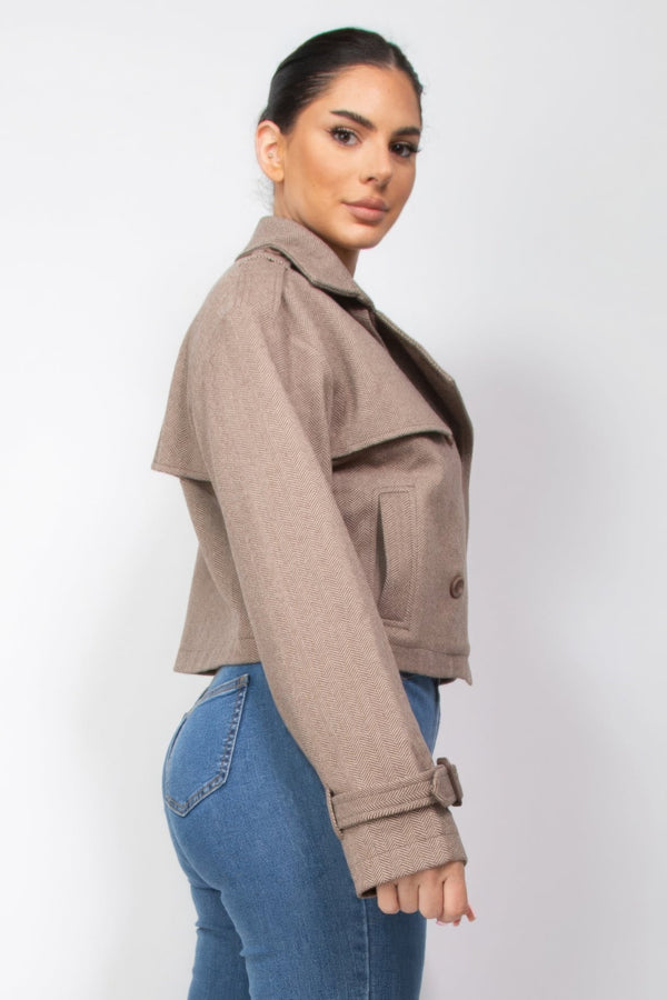 Notch Buckled Sleeve Crop Trench Coat - | SmartBuyApparel