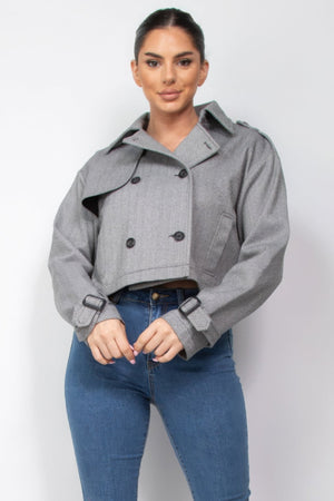 Notch Buckled Sleeve Crop Trench Coat - | SmartBuyApparel