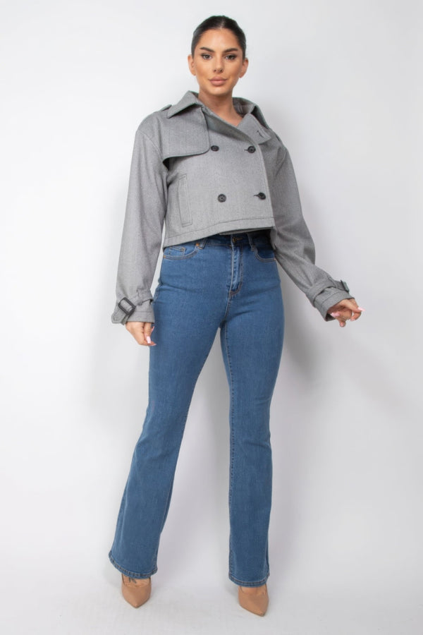 Notch Buckled Sleeve Crop Trench Coat - | SmartBuyApparel