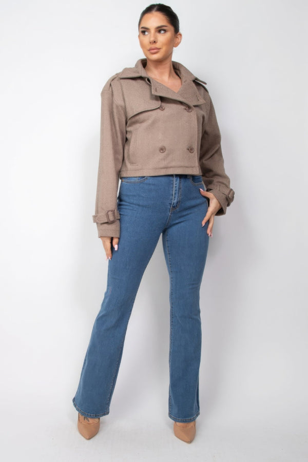 Notch Buckled Sleeve Crop Trench Coat - | SmartBuyApparel