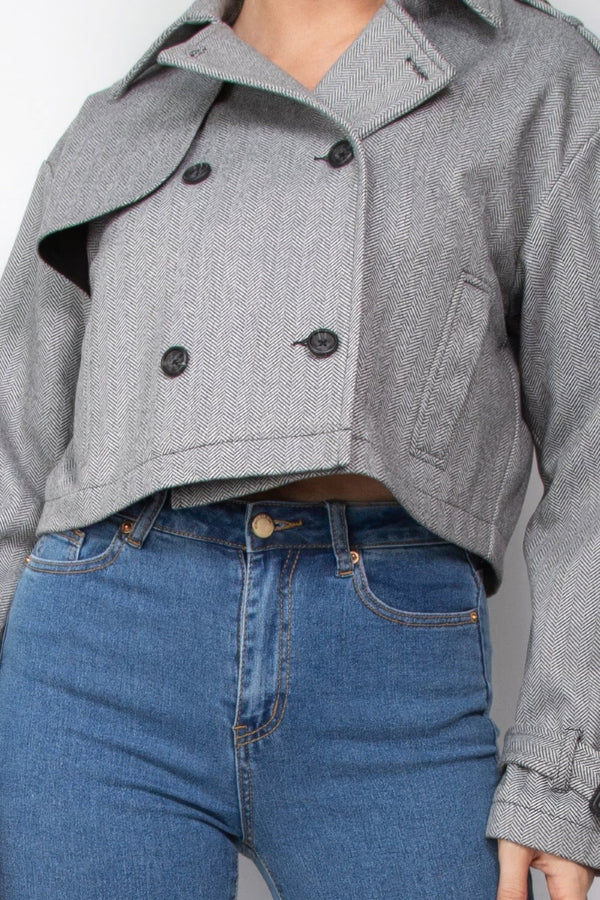 Notch Buckled Sleeve Crop Trench Coat - | SmartBuyApparel