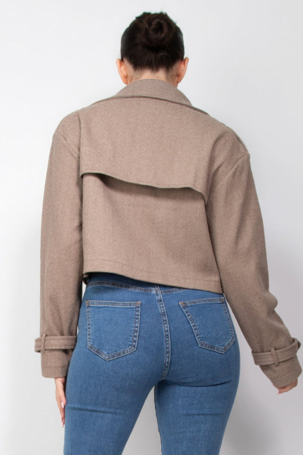 Notch Buckled Sleeve Crop Trench Coat - | SmartBuyApparel