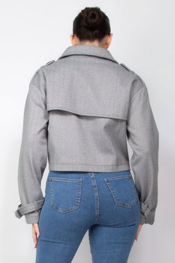 Notch Buckled Sleeve Crop Trench Coat - | SmartBuyApparel