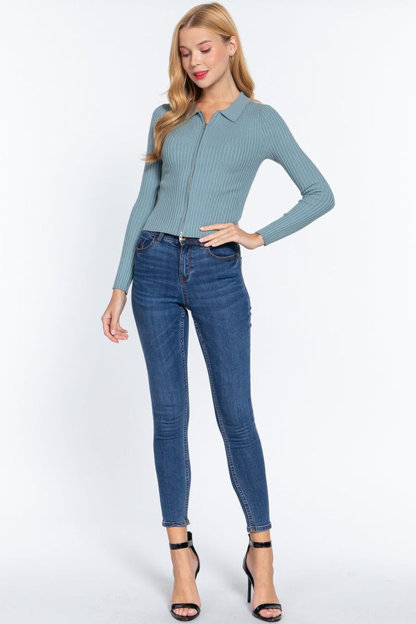 Notched Collar Zippered Sweater - Women's sweater - SmartBuyApparel