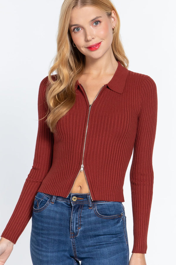 Notched Collar Zippered Sweater - Women's sweater - SmartBuyApparel