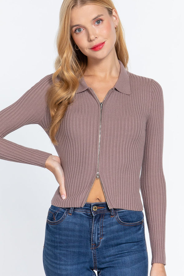 Notched Collar Zippered Sweater - Women's sweater - SmartBuyApparel