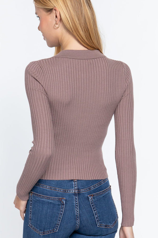 Notched Collar Zippered Sweater - Women's sweater - SmartBuyApparel