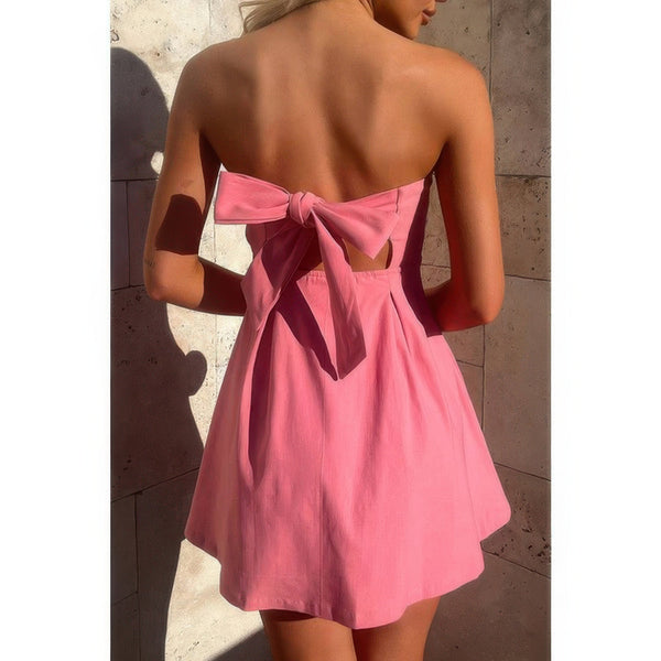 Off Shoulder Open Back Knot Pleated Mini Dress - SmartBuyApparel