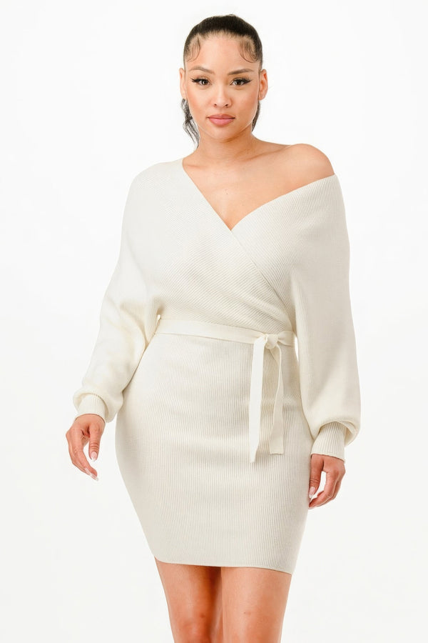 Off Shoulder Wrap Belted Ribbed Sweather Dress - | SmartBuyApparel