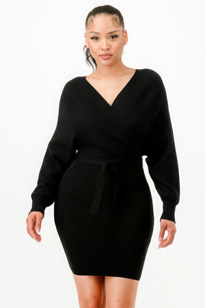 Off Shoulder Wrap Belted Ribbed Sweather Dress - | SmartBuyApparel