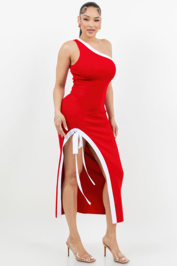 One Shoulder Side Slit Tie - up Maxi Dress - Dress - SmartBuyApparel