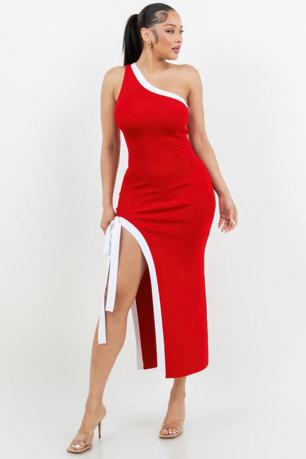 One Shoulder Side Slit Tie - up Maxi Dress - Dress - SmartBuyApparel