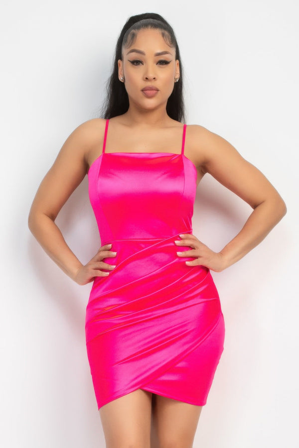 Overlapping Hem Shirred Satin Dress - Dress - SmartBuyApparel