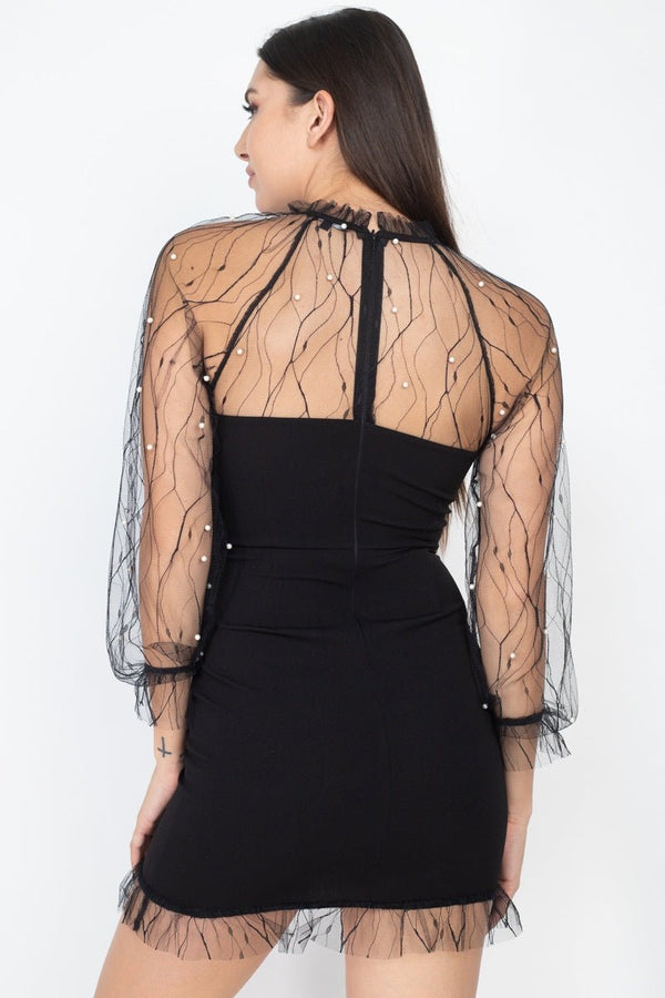 Pearl Trim Mesh Bodycon Dress - Dress - SmartBuyApparel