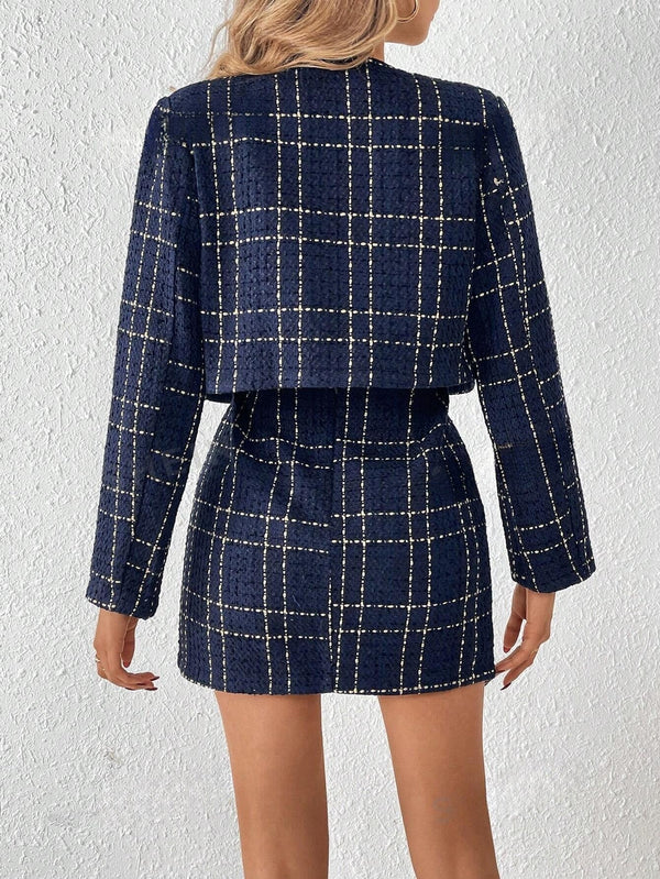 Plaid Button Front Coat And Split Hem Skirt Two Piece Set - SmartBuyApparel - Women Two - piece Outfits