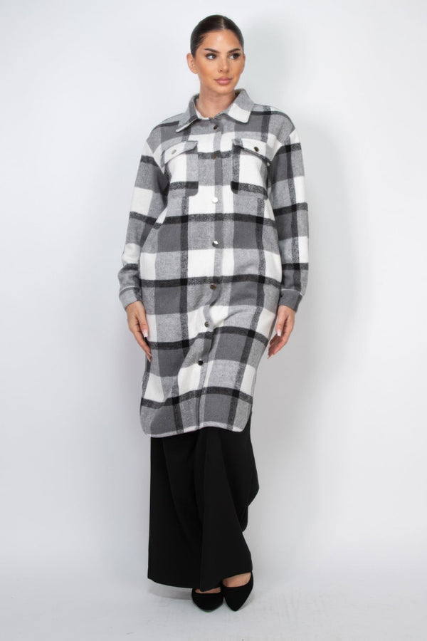 Plaid Buttoned Shacket Coat - Women's coat - SmartBuyApparel