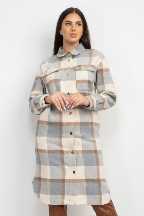 Plaid Buttoned Shacket Coat - Women's coat - SmartBuyApparel