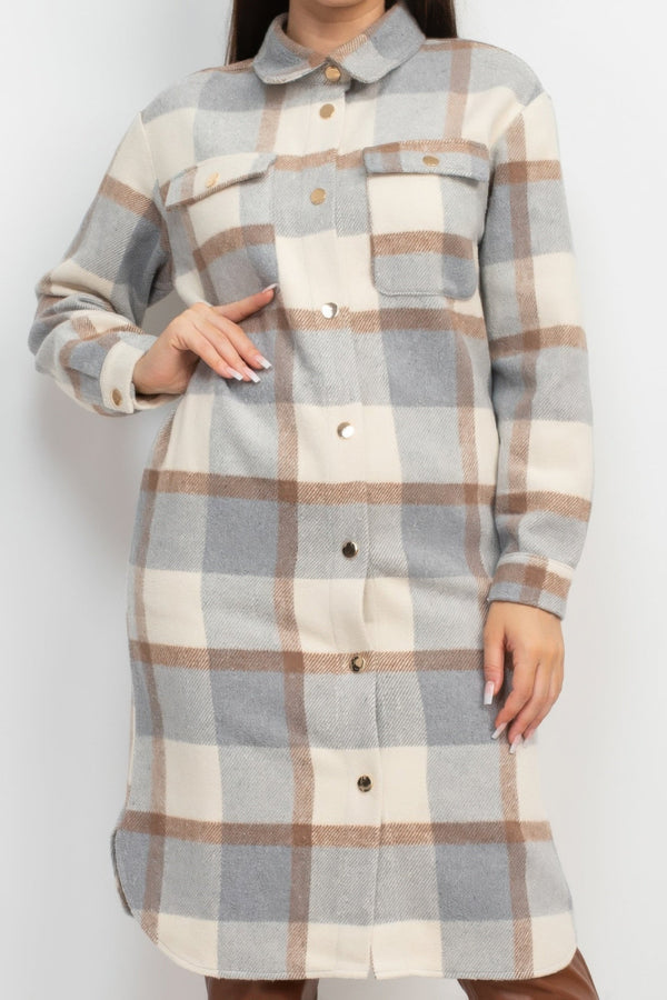Plaid Buttoned Shacket Coat - Women's coat - SmartBuyApparel