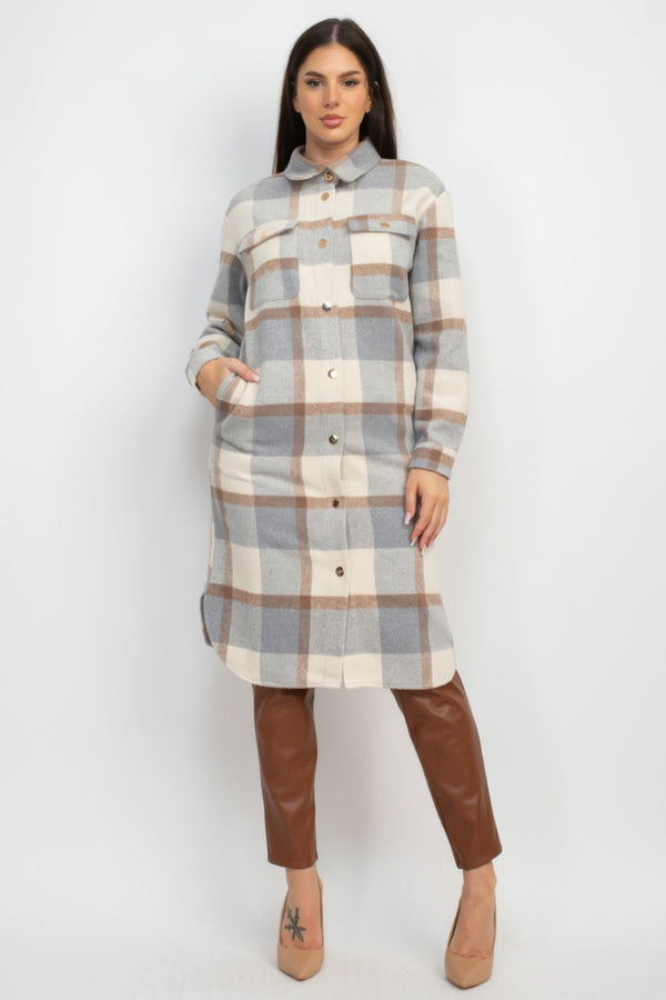 Plaid Buttoned Shacket Coat - Women's coat - SmartBuyApparel