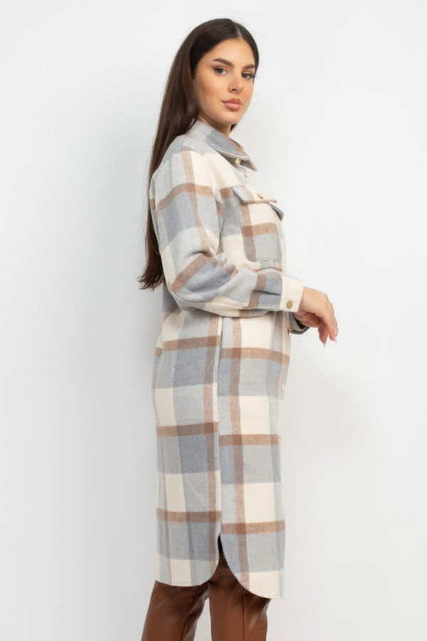 Plaid Buttoned Shacket Coat - Women's coat - SmartBuyApparel