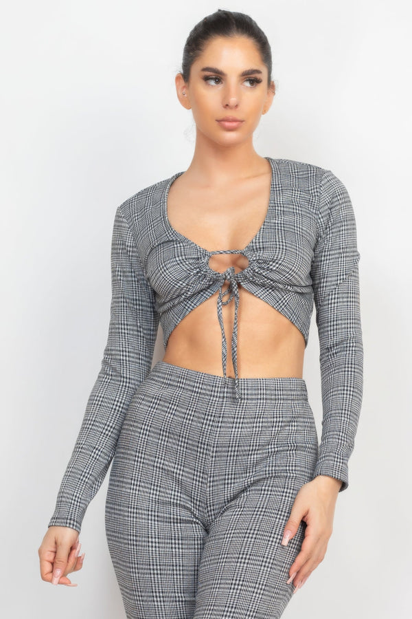 Plaid Cut - out Long Sleeve Top & Pants Set - Women's set - SmartBuyApparel