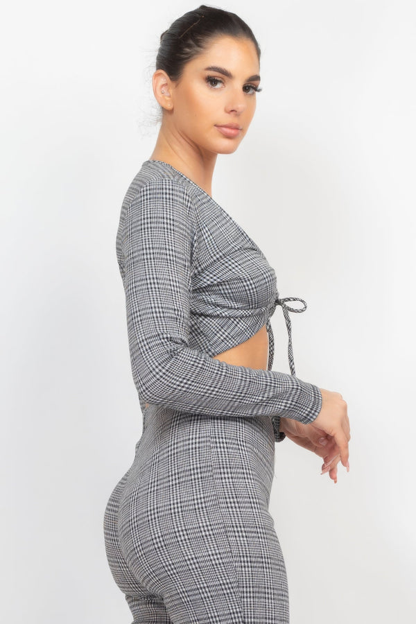 Plaid Cut - out Long Sleeve Top & Pants Set - Women's set - SmartBuyApparel