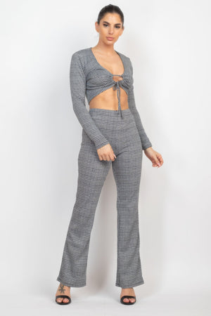 Plaid Cut - out Long Sleeve Top & Pants Set - Women's set - SmartBuyApparel