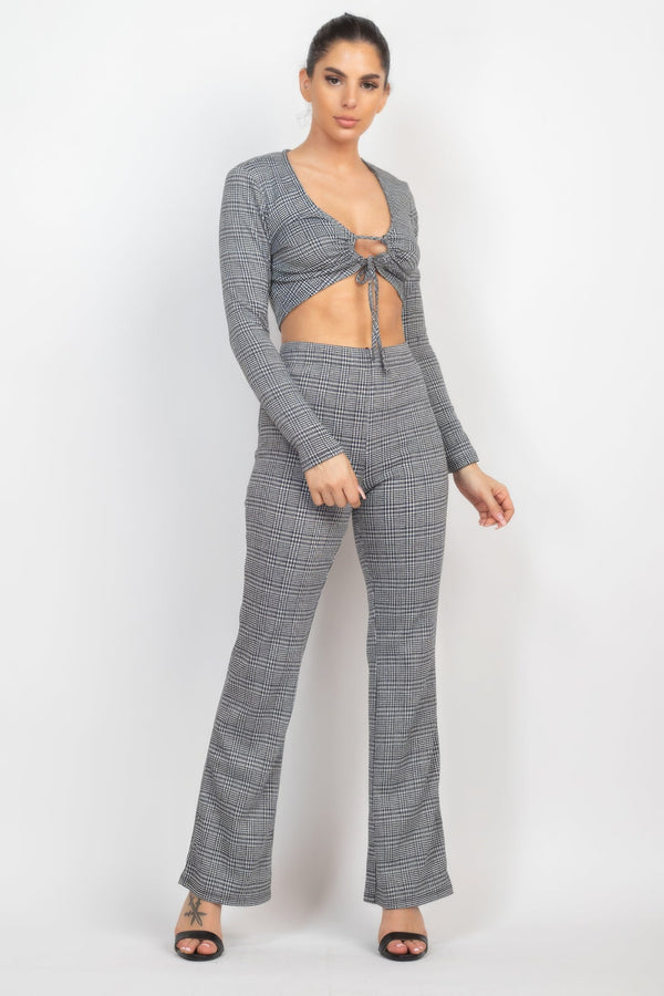 Plaid Cut - out Long Sleeve Top & Pants Set - Women's set - SmartBuyApparel