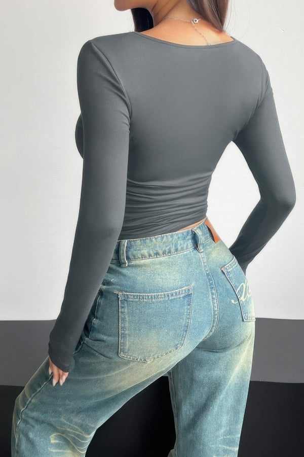 Plain Ruched Square Neck Slim T Shirt - | SmartBuyApparel