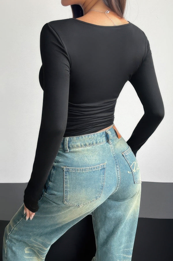 Plain Ruched Square Neck Slim T Shirt - | SmartBuyApparel