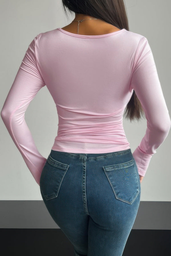 Plain Ruched Square Neck Slim T Shirt - | SmartBuyApparel