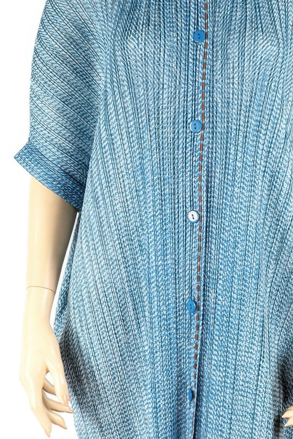 Pleated Lapel Button - up Blue Midi Shirtdress - | SmartBuyApparel