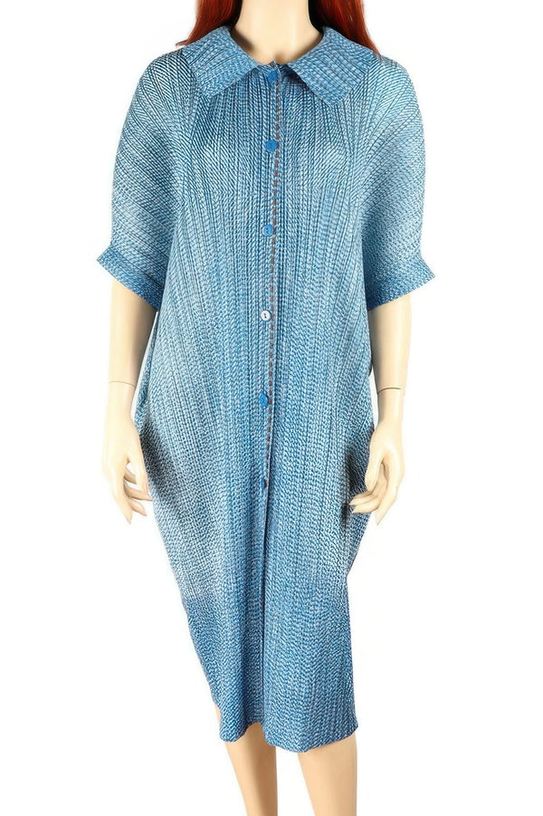 Pleated Lapel Button - up Blue Midi Shirtdress - | SmartBuyApparel