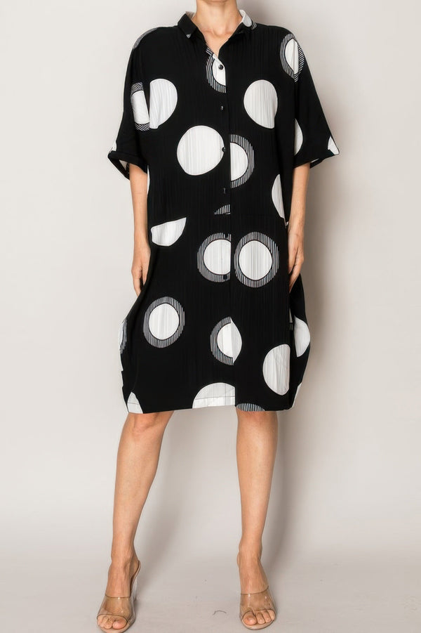 Pleated Lapel Polka Dot Print Shirtdress - | SmartBuyApparel