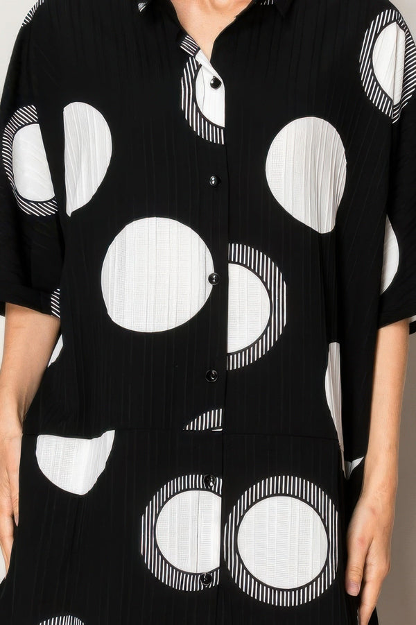 Pleated Lapel Polka Dot Print Shirtdress - | SmartBuyApparel