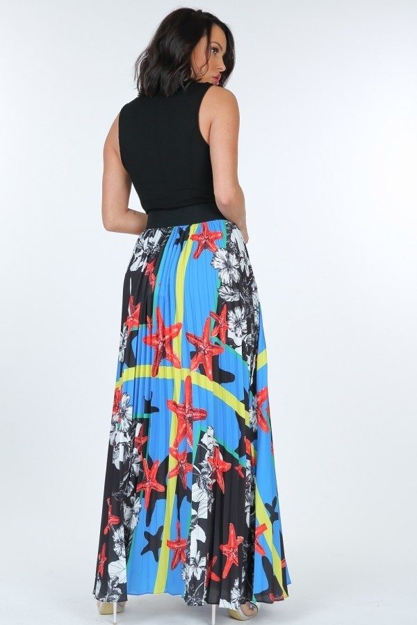 Pleated Print Maxi Skirt With Leather Waist Band - Skirt - SmartBuyApparel