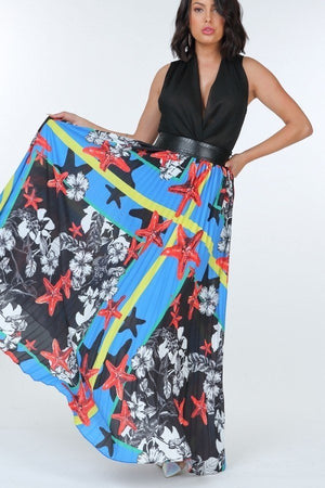 Pleated Print Maxi Skirt With Leather Waist Band - Skirt - SmartBuyApparel