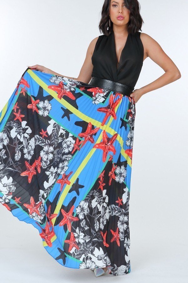 Pleated Print Maxi Skirt With Leather Waist Band - Skirt - SmartBuyApparel