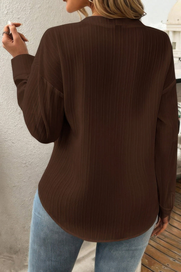 Pleated V Neck Pockets Button Drop Shoulder Blouse - | SmartBuyApparel