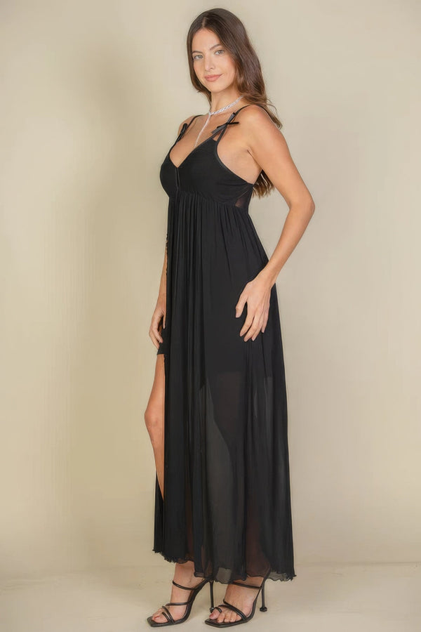 Plunge Neck Split Thigh Mesh Maxi Dress - Dress - SmartBuyApparel