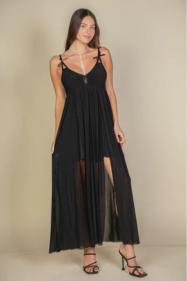 Plunge Neck Split Thigh Mesh Maxi Dress - Dress - SmartBuyApparel